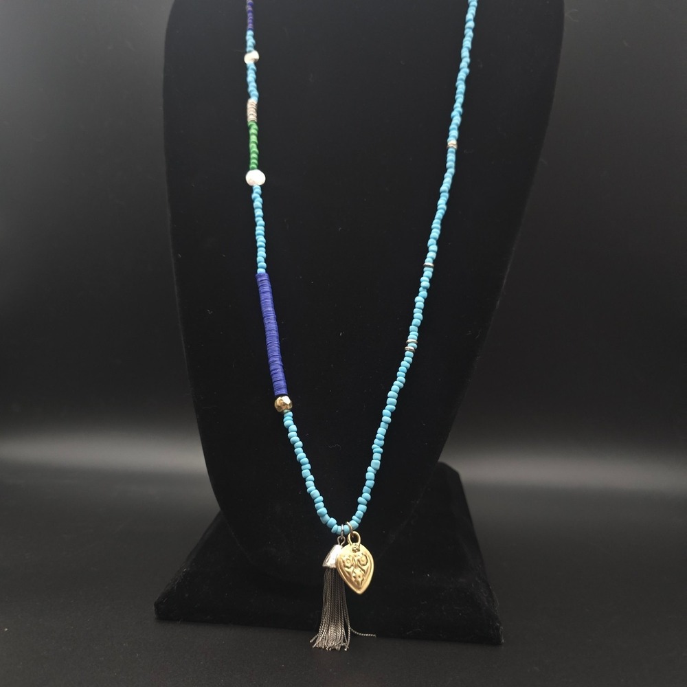 Free People Blue Beaded Tassel Necklace NWT